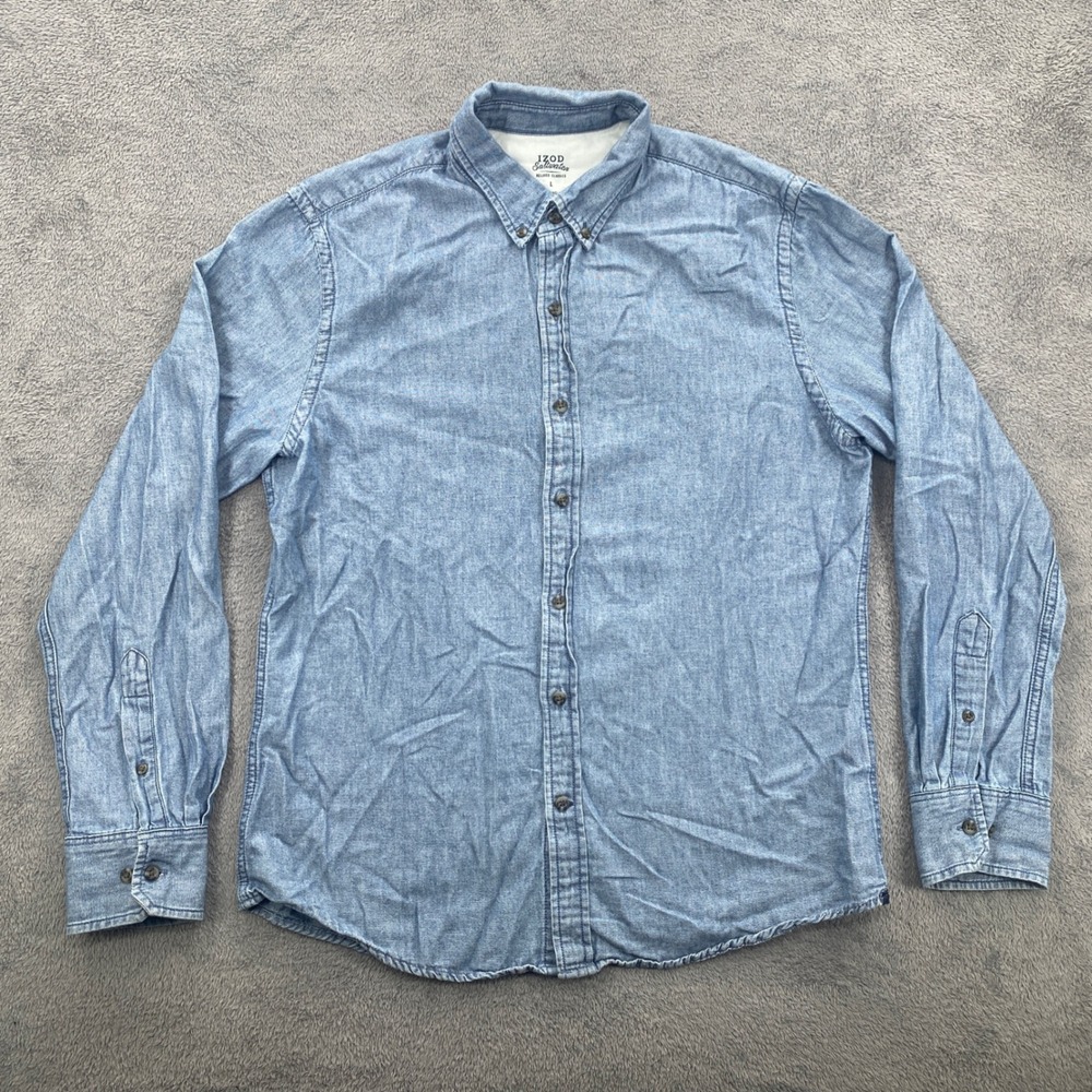 IZOD Saltwater Jean Button Down Shirt Mens Large Blue Cotton Chambray 45GW173